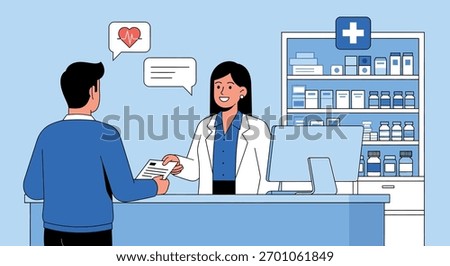 A friendly pharmacist in a white coat assists a customer at the pharmacy counter, handing over a prescription. Shelves stocked with various medicines are visible in the background.