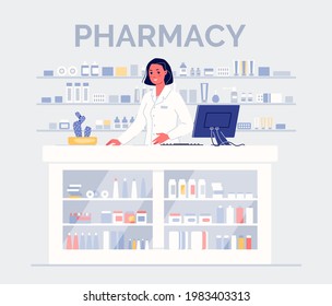 Friendly Pharmacist Woman at the Counter with Medicines. Pharmacy Concept. Color Vector Illustration in Flat Cartoon Style.