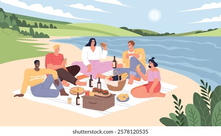 Friendly picnic on seashore. Guys and girls group eating and drinking on beach, happy people sitting on blanket on sand, vector illustration
