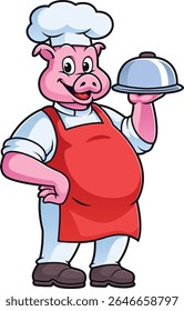 friendly pig cartoon character wearing a chef's uniform and carrying food in his hands
