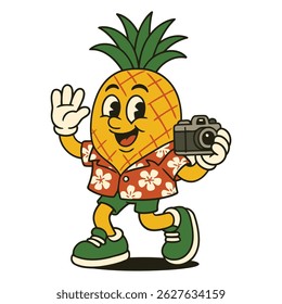 Friendly pineapple tourist in Hawaiian shirt holding a camera, waving hand, perfect for travel blogs, tropical themes, children's books, and tourism materials.