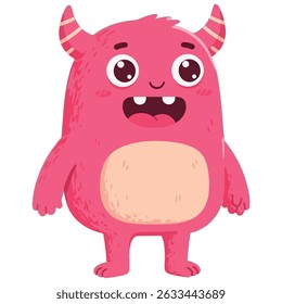 A friendly pink monster with an open mouth showing its tongue and teeth, and small white horns with pink stripes. It has a chubby body with a skin-colored belly.