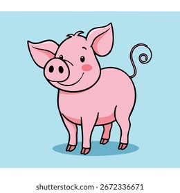 A friendly pink pig with a curly tail, simple flat vector illustration with thick black outlines, a solid pink color, isolated on a solid light blue background