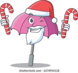 Friendly pink umbrella in Santa Cartoon character having candies