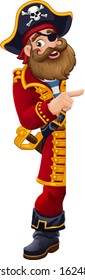 Friendly pirate captain cartoon character peeking around a sign background and pointing at it