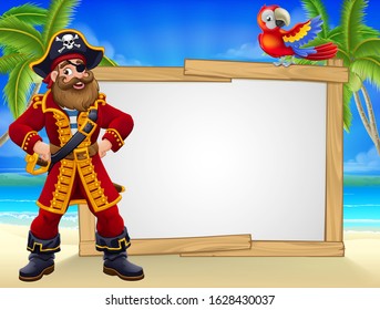 Friendly pirate captain cartoon character tropical beach background. With parrot, tropical palm trees, and large blank sign for your text