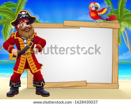 Friendly pirate captain cartoon character tropical beach background. With parrot, tropical palm trees, and large blank sign for your text