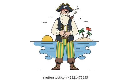 Friendly pirate captain with a long white beard and a smoking pipe standing on the beach with an island background.