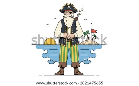 Friendly pirate captain with a long white beard and a smoking pipe standing on the beach with an island background.
