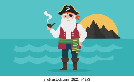 Friendly pirate captain with a white beard and eyepatch holding a smoking pipe in front of the sea and sunset island.