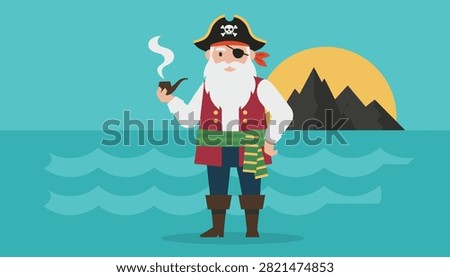 Friendly pirate captain with a white beard and eyepatch holding a smoking pipe in front of the sea and sunset island.