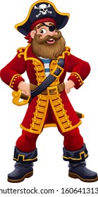 A friendly pirate cartoon character captain mascot with skull and crossed bones on his tricorne hat, eye patch and hands on hips
