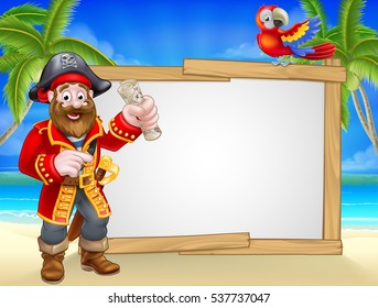 Friendly pirate cartoon character tropical beach background with parrot, tropical palm trees, and large blank sign for your text