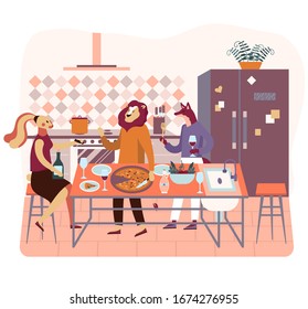 Friendly pizza party in the kitchen. Animal characters at a dinner party. Vector illustration design concept.