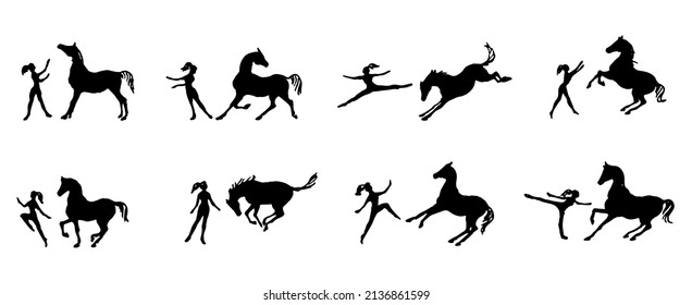 Friendly playing free horse and girl or woman. Happy horsemanship training jumping, dancing, running, rearing horse. Love enjoy friend. Hand drawn silhouette set. Line cartoon sketch vector collection