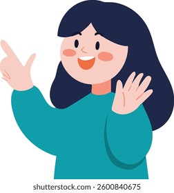 Friendly pointing cartoon character girl