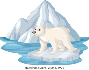 A friendly polar bear stands on a floating ice block near large snowy arctic mountains