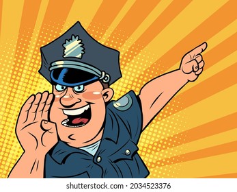 a friendly police man, pointing in the direction. The sheriff is helping. Law and Order