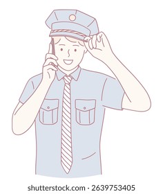 A friendly policeman in a cap on a call symbolizes effective communication and dedication to serving the community