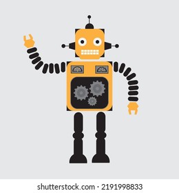 Friendly positive cute cartoon orange robot with smiling face waving its hand.