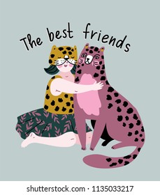 Friendly poster design with leopard and girl. hugs and love. Wild animal print design. Vector illustration.