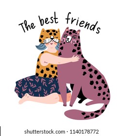 Friendly poster design with leopard and girl. hugs and love. Wild animal print design on the white background. Vector illustration.