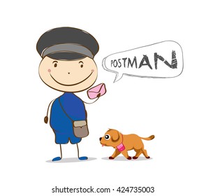 Friendly postman in blue uniform with bag and cute dog