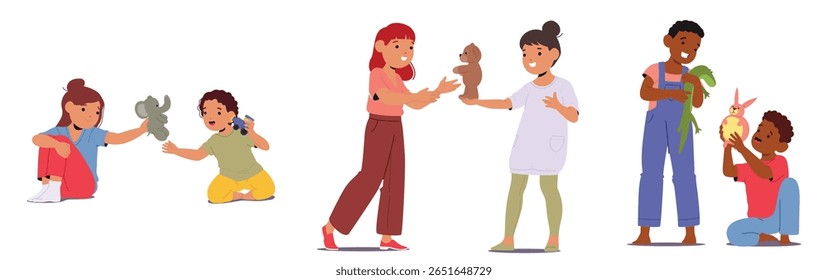 Personagens de desenhos animados amistosos de crianças em pré-escola compartilhando brinquedos jogando juntos demonstrando bondade e amizade conjunto isolado no fundo branco. Crianças diversificadas boa colaboração ilustração vetorial