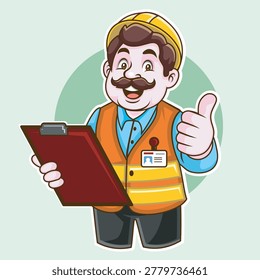 A friendly professional building inspector or construction contractor wearing a yellow hard hat and an orange safety vest. He is smiling, giving a thumbs-up gesture while holding a clipboard and showing his ID badge. This character is ideal for home inspection services, construction safety guides, real estate quality assessments, and property maintenance branding. - Powered by Shutterstock - Get 15% off with code: PIKWIZARD15