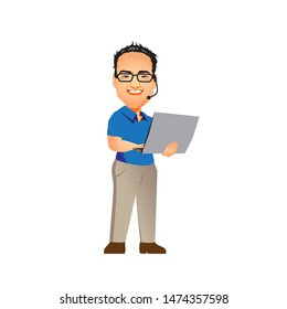 A friendly and professional mascot illustration of a nerd guy or tech expert. The character features a smiling man with glasses, wearing a blue polo shirt and khaki pants, holding a laptop and equipped with a communication headset. This vibrant vector mascot is perfect for IT support services, software development firms, customer service portals, online gaming communities, and computer repair shop branding.