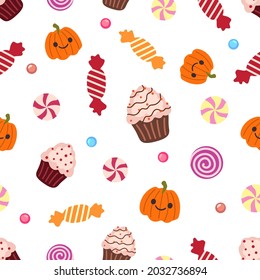 Friendly pumpkin, cupcakes with glaze and sprinkling, chocalate and caramel candies on a white background. Seamless doodle autumn pattern. Halloween. Suitable for packaging, gift paper.