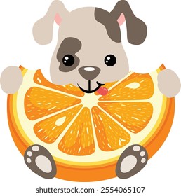 Friendly puppy eating orange slice
