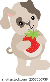 Friendly puppy holding a red strawberry