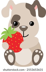 Friendly puppy holding a red strawberry
