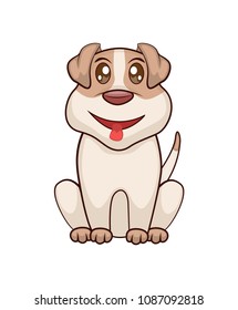 Friendly puppy that has big shiny eyes with open mouth. Little dog sits and shows tiny red tongue. Adorable pet isolated cartoon vector illustration.