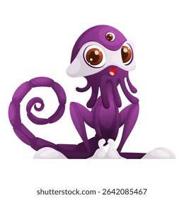 A friendly purple alien cartoon with three eyes, a curly tail and big, expressive brown eyes. The creature is sitting and smiling with a white base.