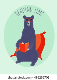 Friendly purple bear reading book. Postcard with reading book bear. Bear reading book.