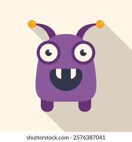 Friendly purple cartoon monster with two teeth, big eyes and antennas, smiling and looking forward 