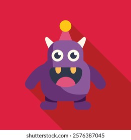 Friendly purple cartoon monster wearing party hat, smiling and having fun, isolated on red background 