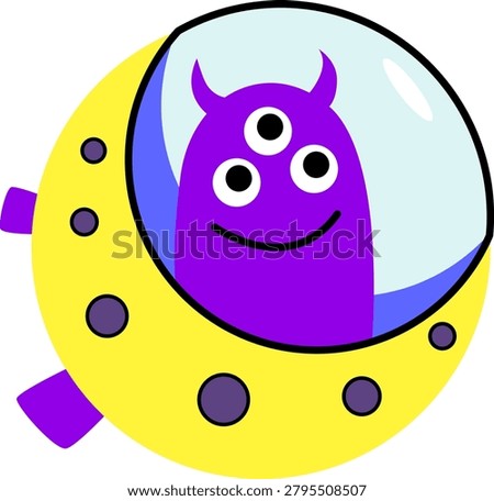 Friendly Purple Three-Eyed Alien in a Yellow Circular Spaceship