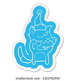 friendly quirky cartoon  sticker of a fox waking up wearing santa hat