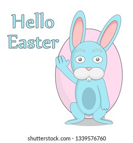 Friendly rabbit on the background of Easter eggs. Blue rabbit with easter egg.