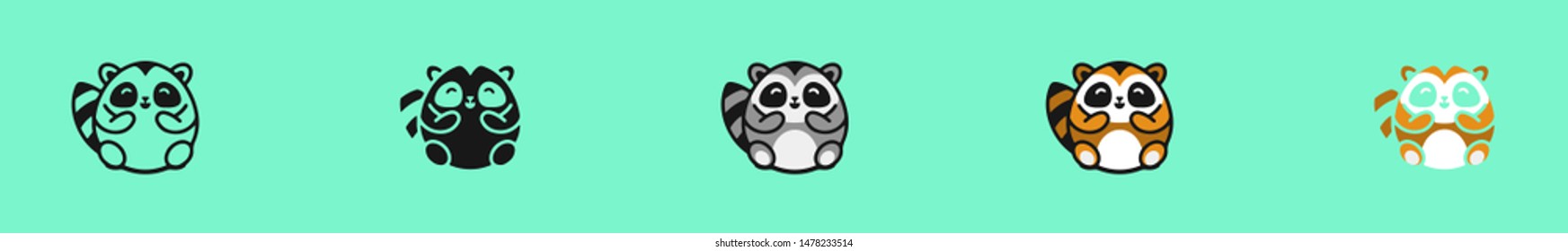 Friendly Raccoon baby toy. Cool little animal for nursery t-shirt, kids apparel, invitation, UI, UX. Six icons - linear, solid, black and white, color line, multicolored. Flat vector illustration