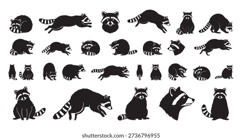 Friendly raccoon silhouettes create seamless grid. Stylish modern flat raccoon shapes form repeating pattern. Repeated raccoon shapes exhibit diverse poses in continuous pattern design