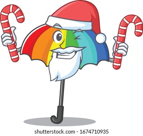 Friendly rainbow umbrella in Santa Cartoon character having candies