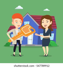 Friendly real estate agent giving key to a new owner of house. Caucasian real estate agent passing house keys to a new owner. Woman buying a new house. Vector flat design illustration. Square layout