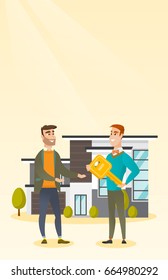Friendly real estate agent giving key to a new owner of a house. Real estate agent passing house key to cheerful client. Happy man buying a new house. Vector flat design illustration. Vertical layout.