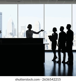Friendly Receptionist Greeting Clients at Front Desk in High-Rise Office Building Lobby