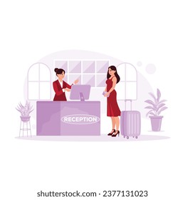 Friendly receptionist serving beautiful tourists checking out at the hotel. Hotel Receptionist Concept. Trend Modern vector flat illustration