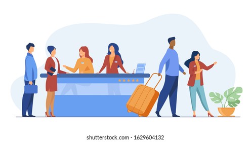 Friendly receptionists from hotel registration desk help client vector illustration. People waiting in queue for consultation. Concierge talking with traveler concept for presentation slides